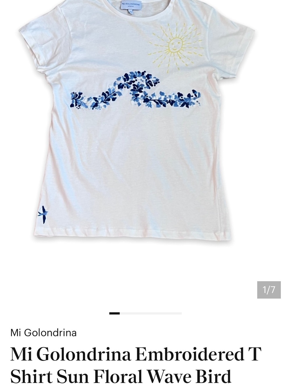 Mi Golondrina Embroidered T Shirt Sun Floral Wave Bird Short Sleeve White Knit M